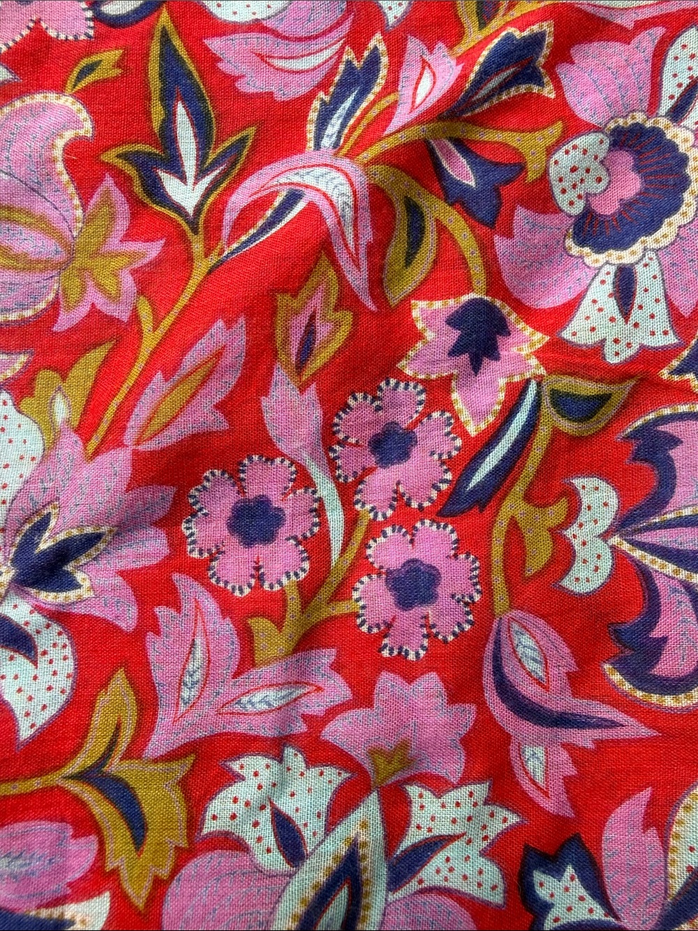 Yves Saint Laurent Red Floral Silk Scarf with Navy Border - Picture 6 of 9